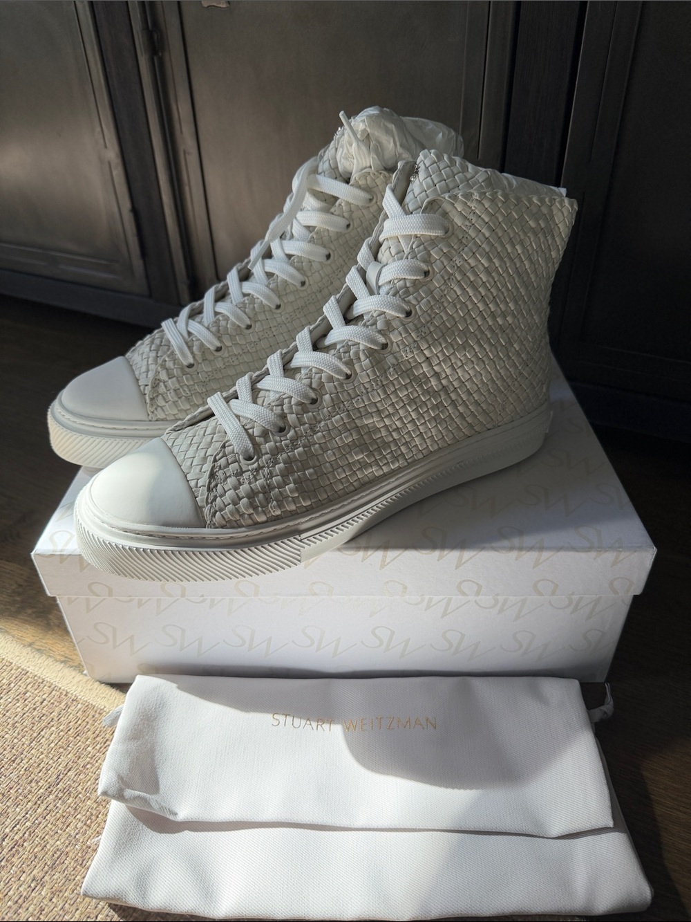 Stuart Weitzman Cream Woven High-Top Sneakers